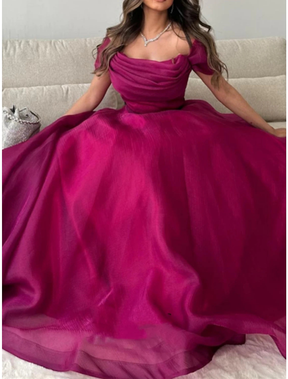 A-Line Prom Dresses Elegant Dress Formal Sweep / Brush Train Short Sleeve Off Shoulder Tulle with Pleats Ruched 2025